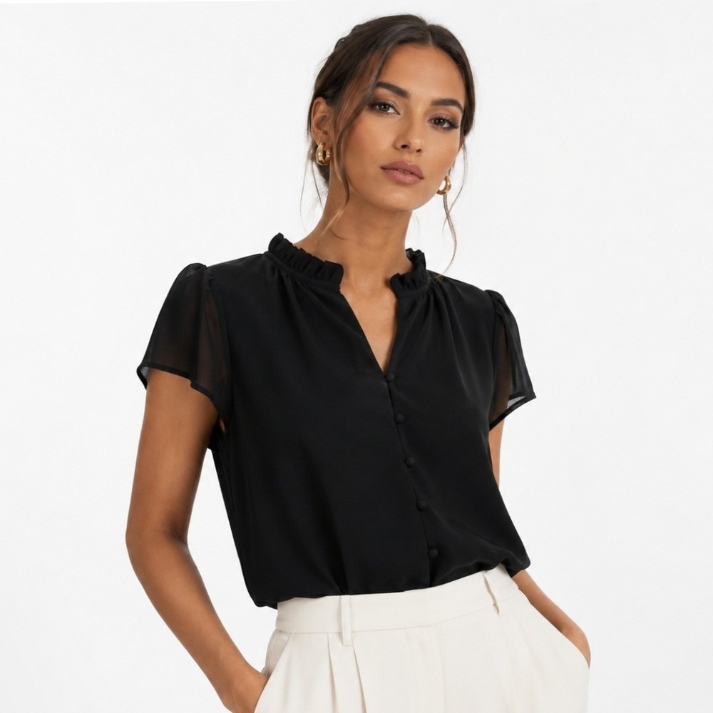 41 Hawthorn Black Ruffle Neck Short Sleeve Blouse NWT‎ Large Petite